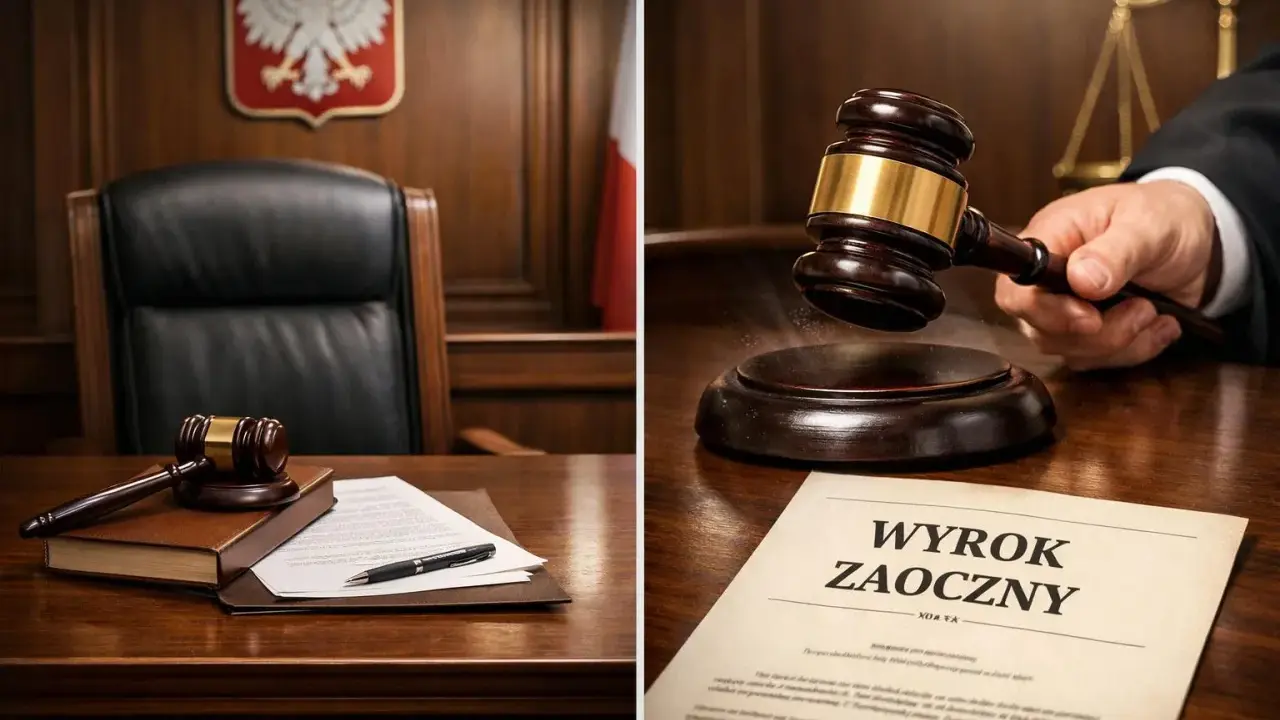 Sądowy młotek uderza w drewnianą podstawę. Czy sprawa o alimenty może odbyć się bez pozwanego? Wyrok zaoczny sugeruje, że tak.