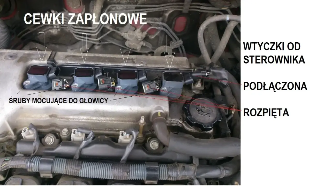 Silnik z widocznymi cewkami zapłonowymi, śrubami mocującymi do głowicy i wtyczkami od sterownika. Przygotowanie do wymiany cewki zapłonowej.