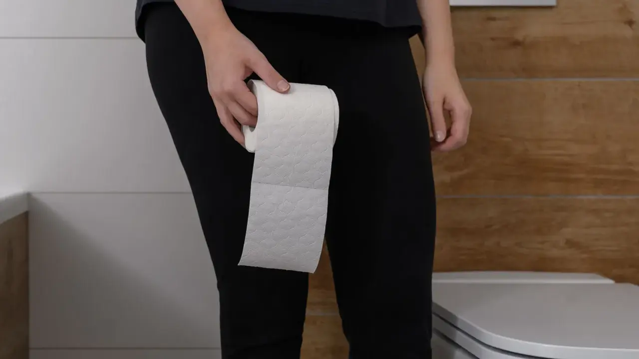 Osoba trzymająca rolkę papieru toaletowego w łazience, sugerująca problem z nykturią.