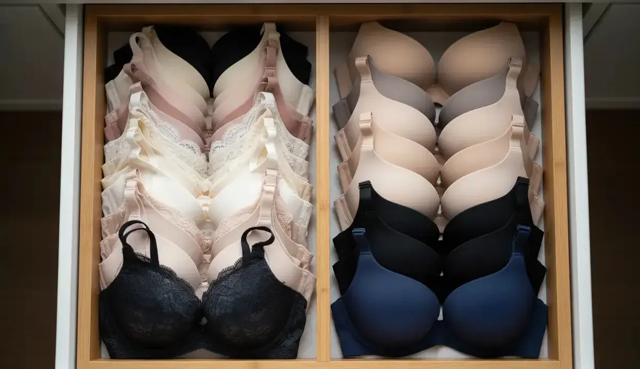 Un cassetto ordinato con reggiseni coppe preformate in varie tonalità neutre e scure. Il loro significato è offrire supporto e forma.