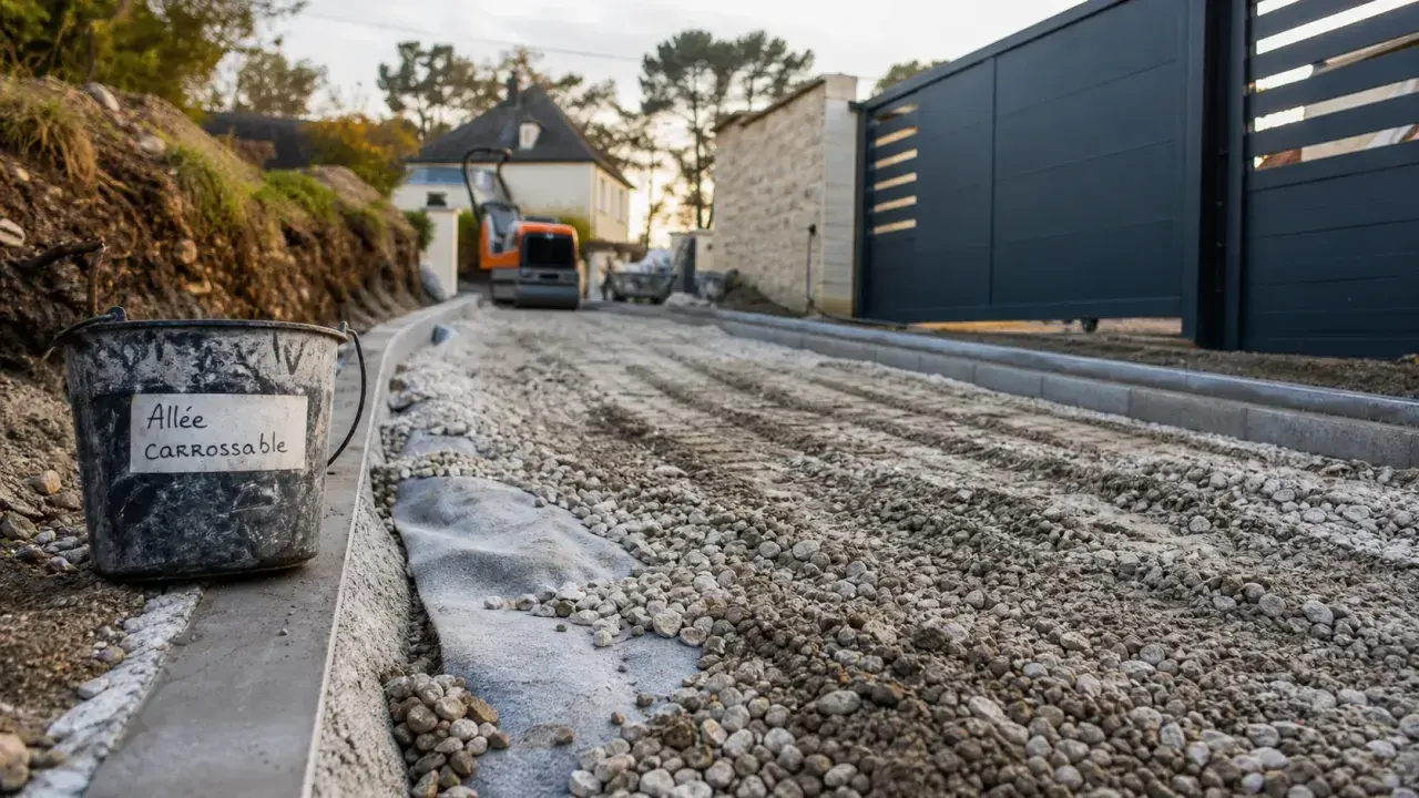 Un seau étiqueté "Allée carrossable" attend sur le chantier. Le gravier est prêt pour la construction de la nouvelle voie d'accès.