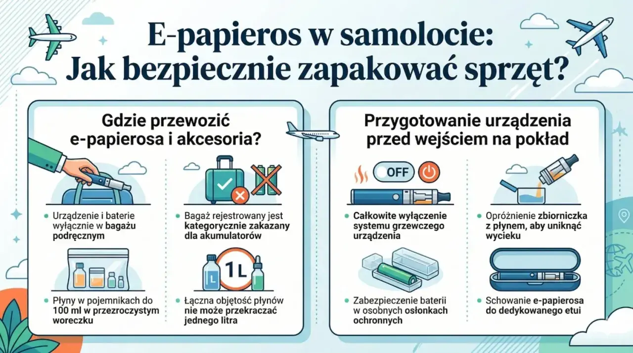 Czy można wziąć e papierosa do samolotu? Tak, ale z zasadami. Urządzenie i płyny do 100 ml w bagażu podręcznym, baterie zabezpieczone.