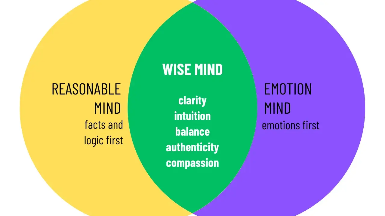 Venn-diagram som visar hur "wise mind" uppstår ur en balans mellan "reasonable mind" (logik) och "emotion mind" (känslor).