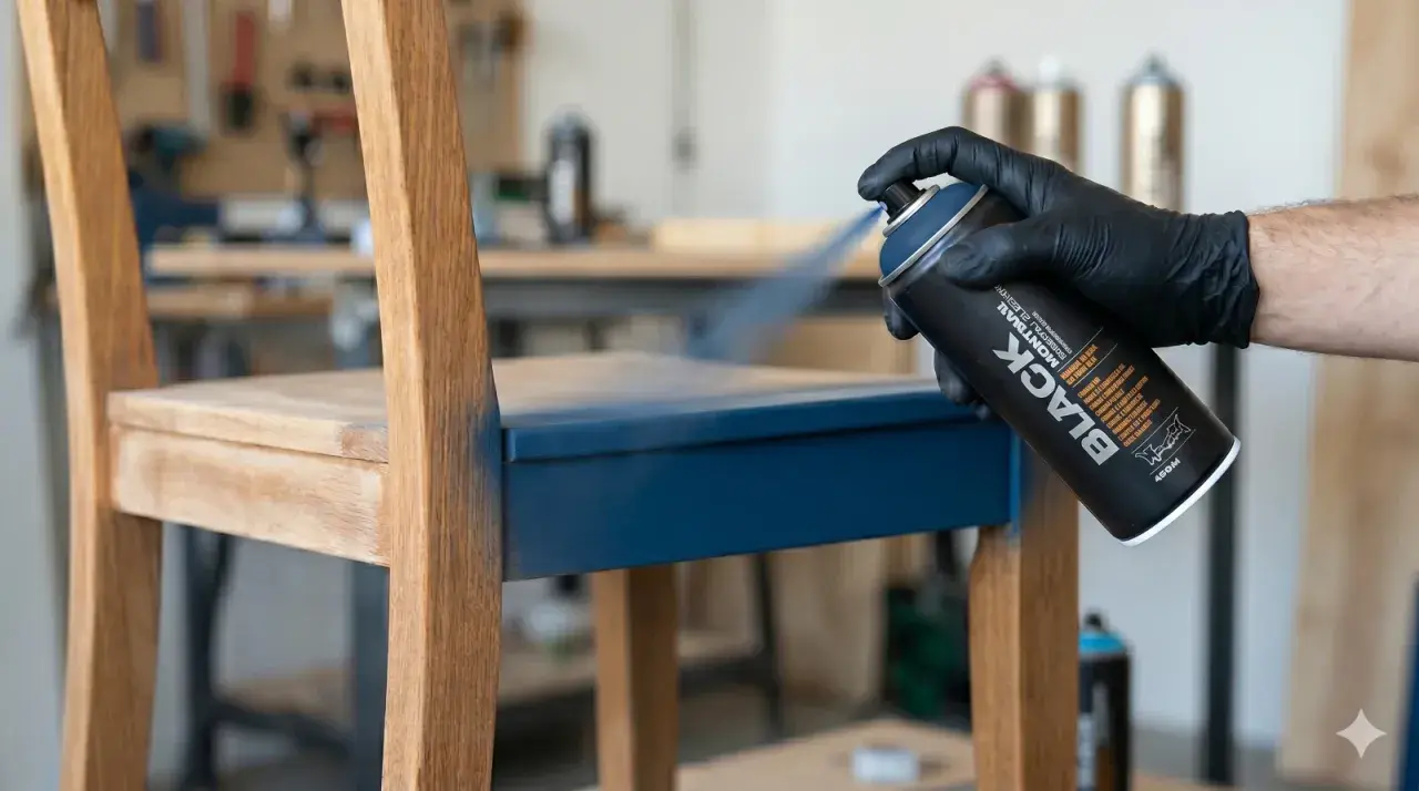 Main d'une personne portant un gant noir, peignant du mélaminé bleu sur un siège de chaise en bois avec une bombe de peinture noire.