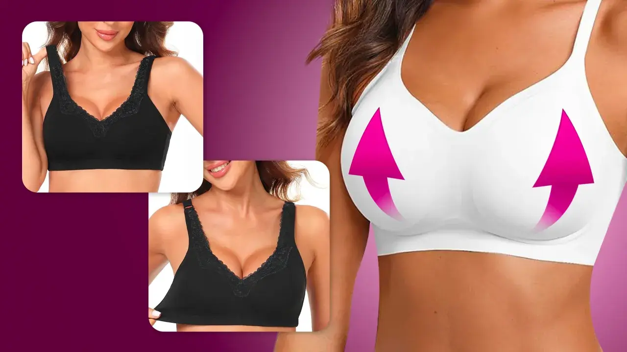Un reggiseno disegno con pizzo nero, mostrato in due inquadrature, e un reggiseno bianco con frecce rosa che indicano un effetto push-up.