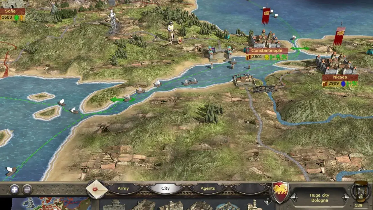 Mapa strategiczna z miastami jak Konstantynopol i Nicaea. Widać floty na morzu i wojska na lądzie. To klasyczne gry strategiczne po polsku.