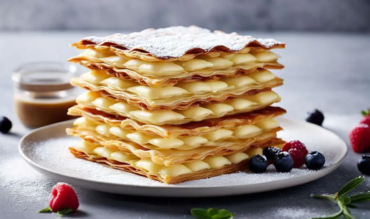 Un déliceux mille-feuille de pommes, garni de crème pâtissière et saupoudré de sucre glace, avec des baies fraîches.