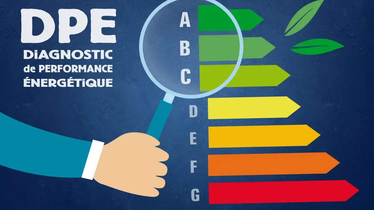 Main d'un locataire en place examinant le DPE, le diagnostic de performance énergétique, avec une échelle de A à G.