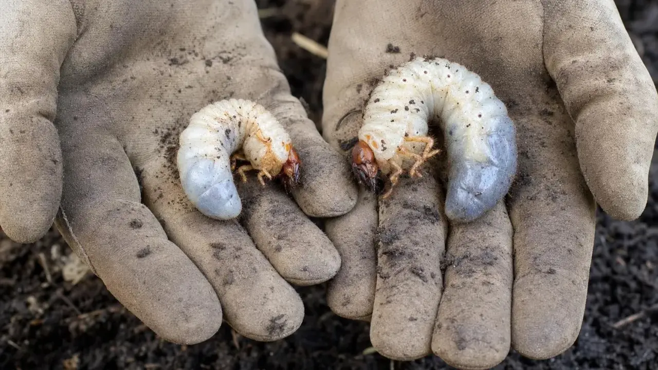 Deux larves de cétoine ou hanneton, blanches et courbées, reposent dans des mains gantées de terre.