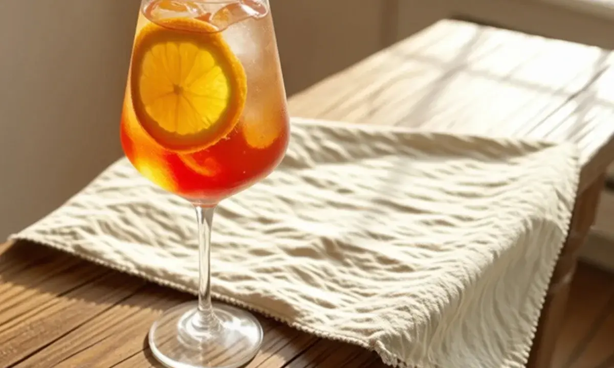 Ein erfrischender Aperol Spritz mit Sekt oder Prosecco, garniert mit einer Orangenscheibe, steht auf einem Holztisch.