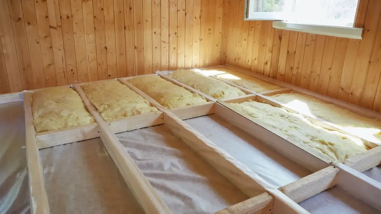 Travaux d'isolation du sol d'une maison ancienne : pose d'isolant minéral dans une structure en bois.