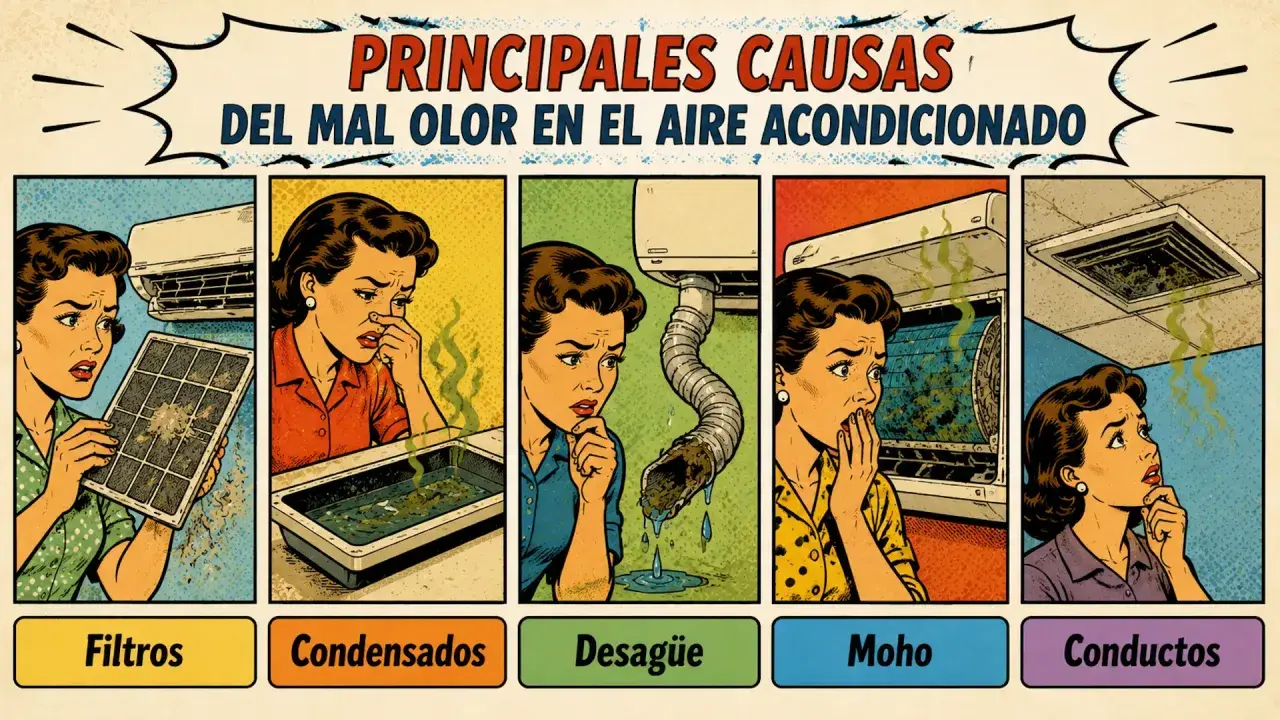 Mujer con cara de asco por el **olor a podrido en casa** debido a filtros sucios, condensados, desagüe, moho y conductos del aire acondicionado.