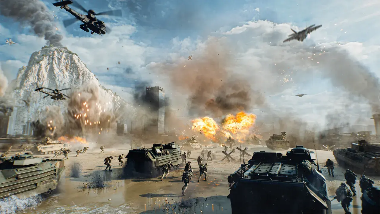 Intensywna bitwa na plaży, czołgi i żołnierze w akcji, helikoptery i myśliwce na niebie. To scena z Battlefield 6.