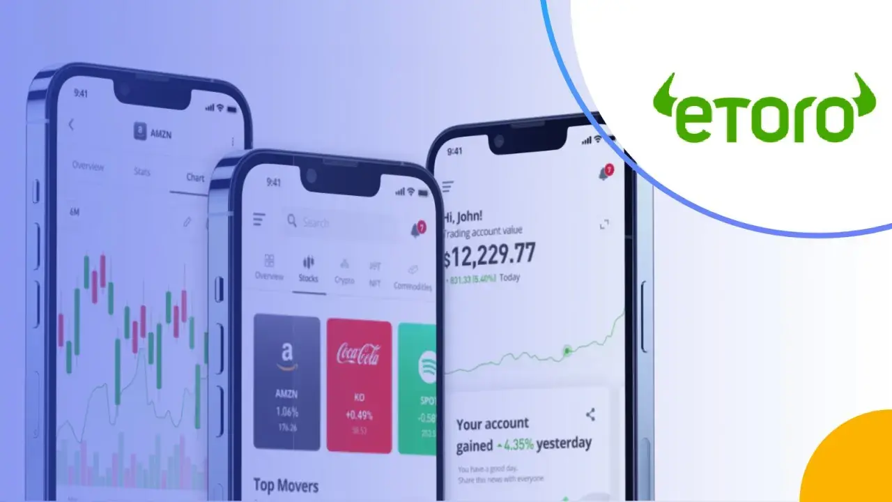 Trzy smartfony pokazują aplikację eToro z wykresami i danymi giełdowymi. Czy eToro jest bezpieczne? Platforma oferuje handel akcjami, kryptowalutami i innymi instrumentami.
