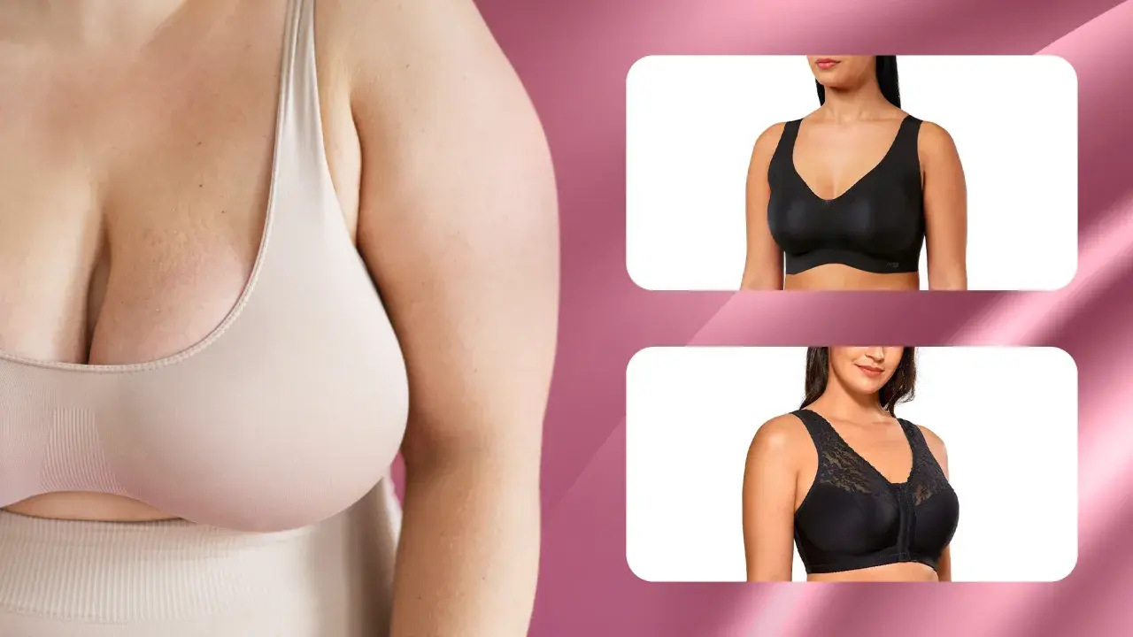 Primo piano di una donna con grande tette in un reggiseno color carne. A destra, due reggiseni neri indossati da modelle.
