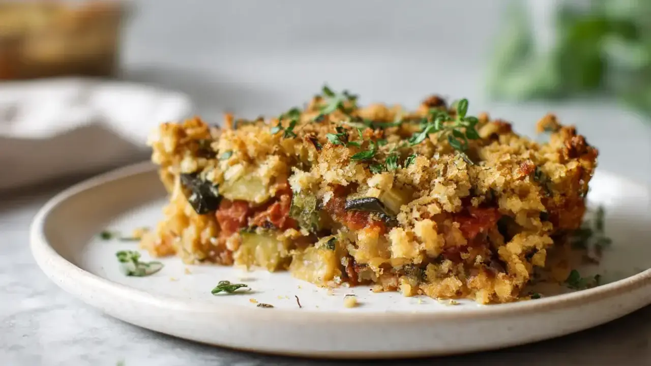 Tranche de crumble de légumes, dorée et croustillante, garnie de thym frais. Un délice végétarien réconfortant.