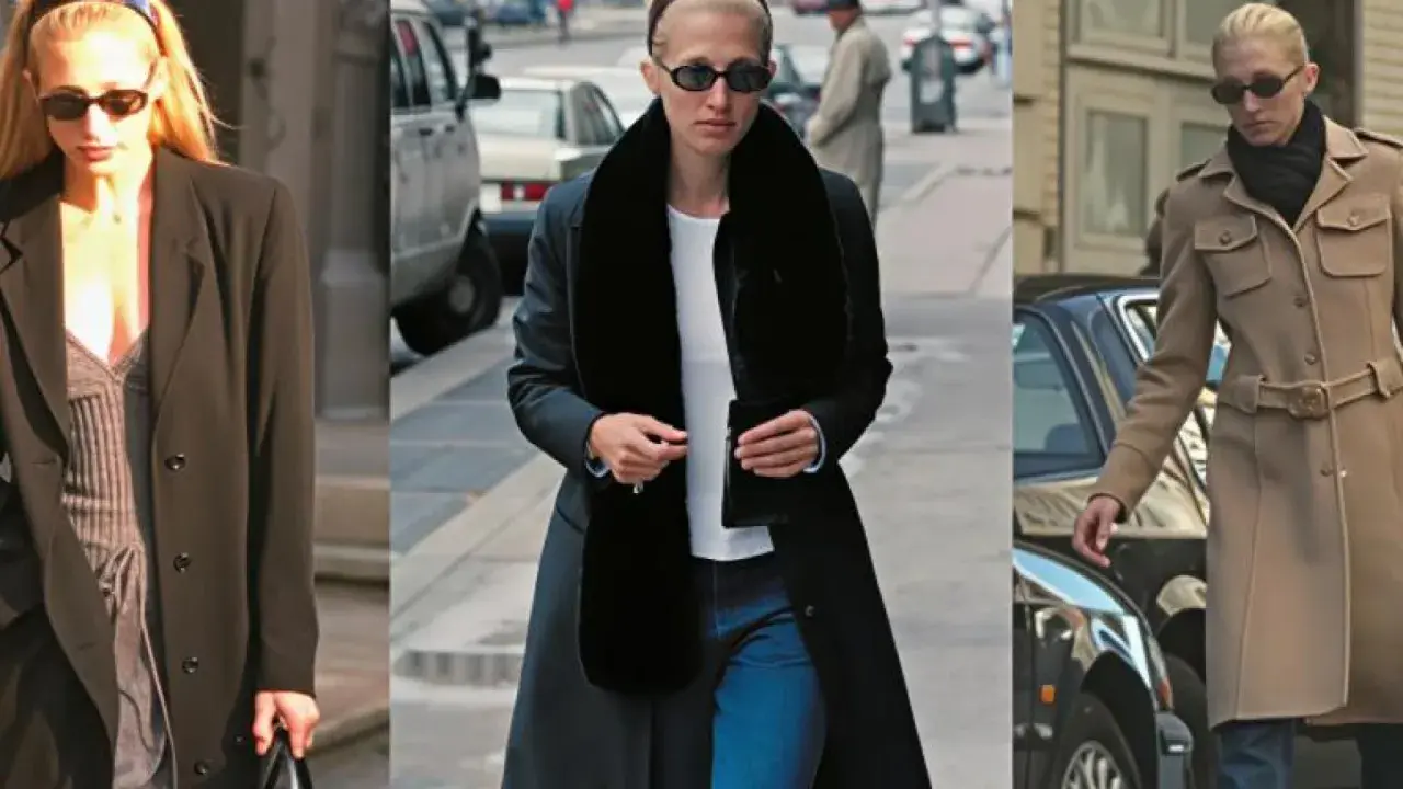 Carolyn Bessette-Kennedy pasea por la ciudad con estilo, luciendo abrigos elegantes y gafas de sol.