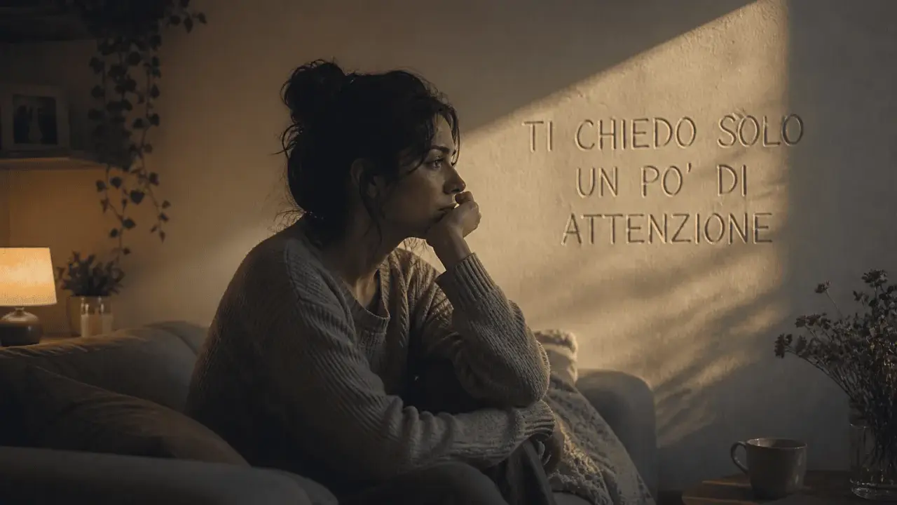 Donna pensierosa sul divano, illuminata da un raggio di sole. Le parole "Ti chiedo solo un po' di attenzione" sembrano un grido silenzioso contro il narcisista che non ascolta.