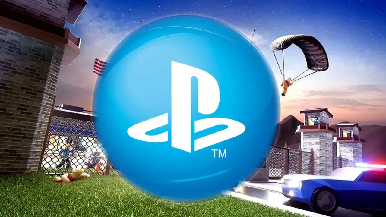 Wielka niebieska kula z logo PlayStation na tle więzienia, policyjnego radiowozu i skoczka spadochronowego. Czy to zapowiedź Roblox na PS5?