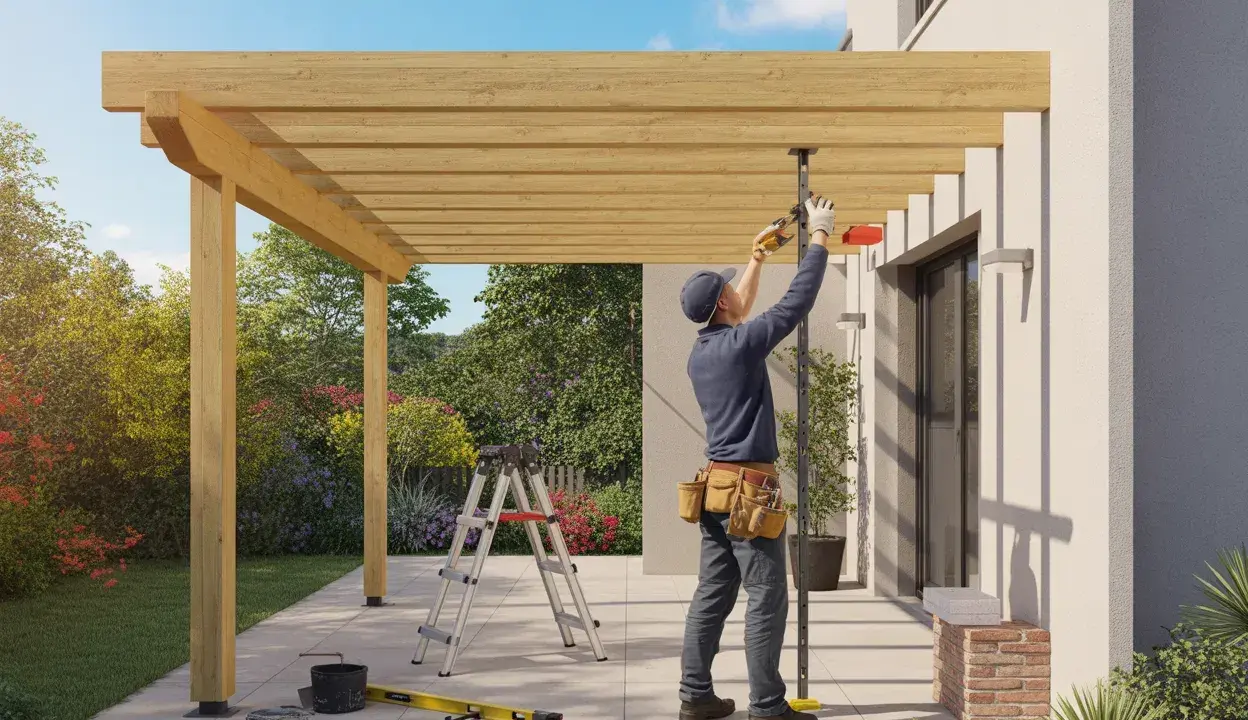 Pose d'une fixation de tonnelle sur terrasse. Un ouvrier ajuste la structure en bois avec des outils.