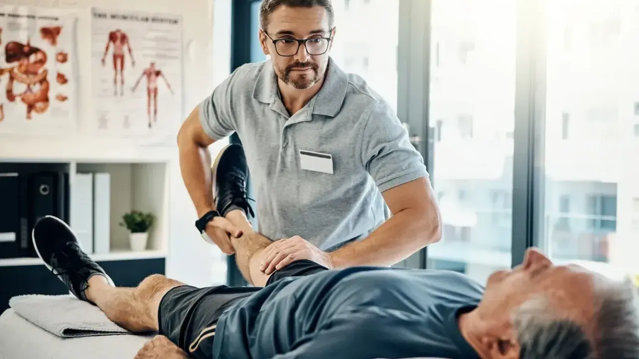 Fizjoterapeuta ćwiczy nogę starszego pacjenta. Rehabilitacja jest kluczowa, by dowiedzieć się, komu przysługuje szpital uzdrowiskowy.
