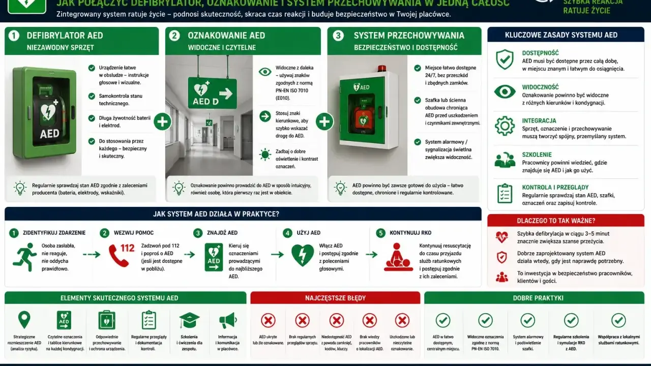 Kompletny system AED w placówce: defibrylator, oznakowanie i przechowywanie. Jak działa AED i dlaczego jest ważne?