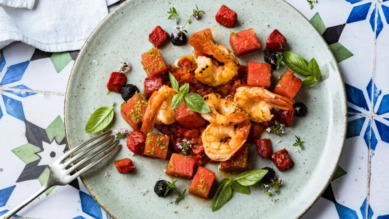Saftige argentinische Rotgarnelen mit Wassermelonenwürfeln, Tomaten und Basilikum auf einem Teller.