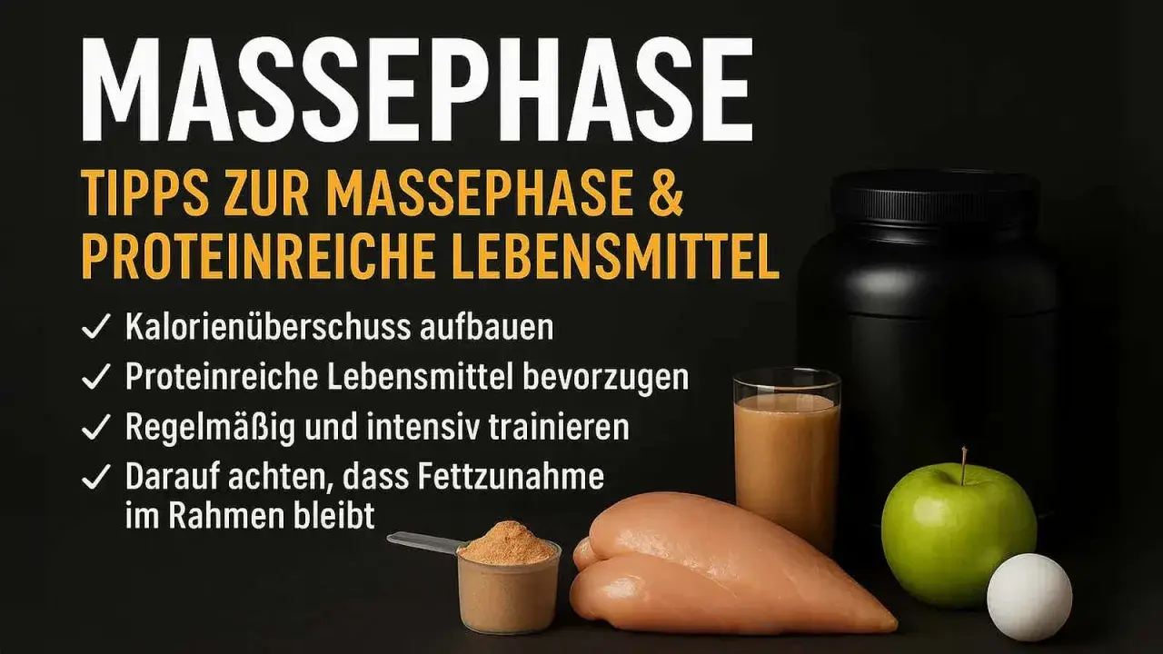 Tipps für die Massephase: proteinreiche Lebensmittel wie Hähnchen, Ei und Shake sind wichtig. Kalorienüberschuss und Training sind entscheidend.