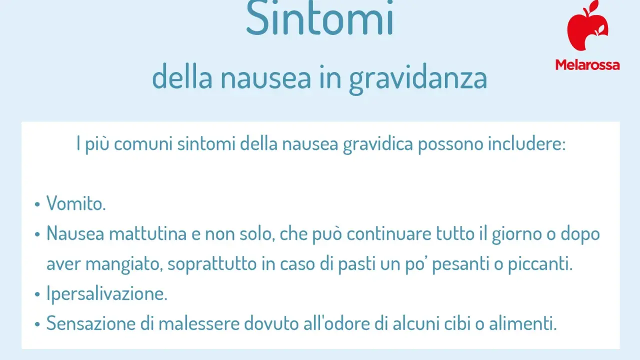 Sintomi comuni della nausea in gravidanza: vomito, nausea persistente, ipersalivazione e malessere da odori.