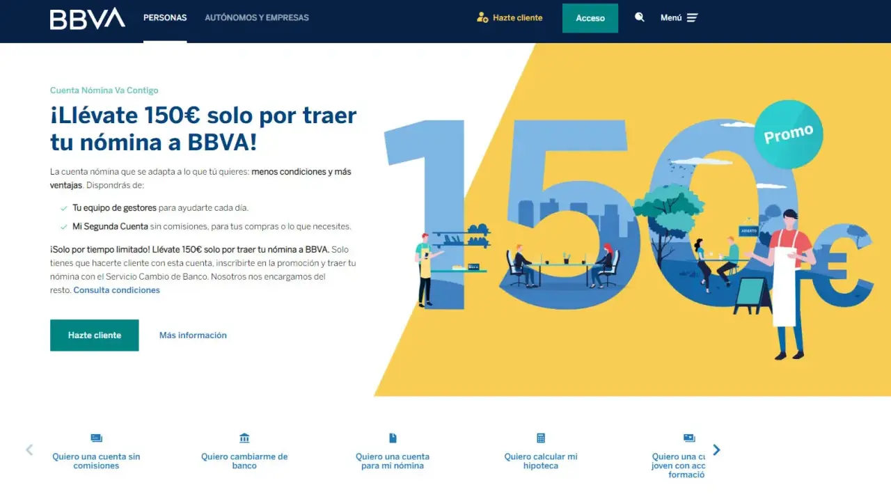 ¡Llévate 150€ por traer tu nómina a BBVA! Promoción para clientes que cambien su nómina.
