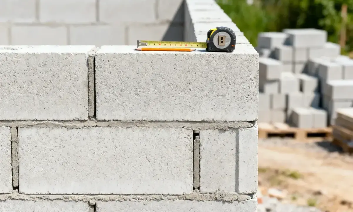 Miarka budowlana na murze z bloczków betonowych. W tle stosy materiału budowlanego. Ile bloczków betonowych na m2?