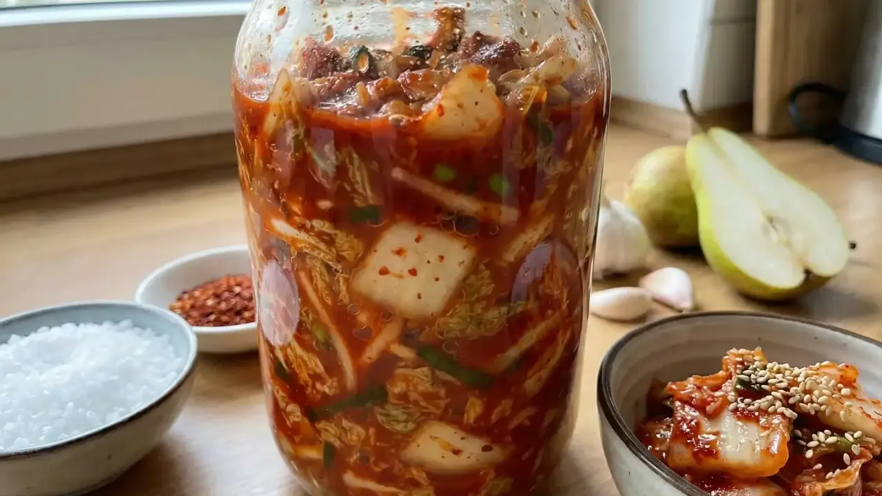 Stor burk med hemgjord kimchi, redo för fermentering. Ingredienser som chili, vitlök och päron syns i bakgrunden. Ett perfekt kimchi recept!