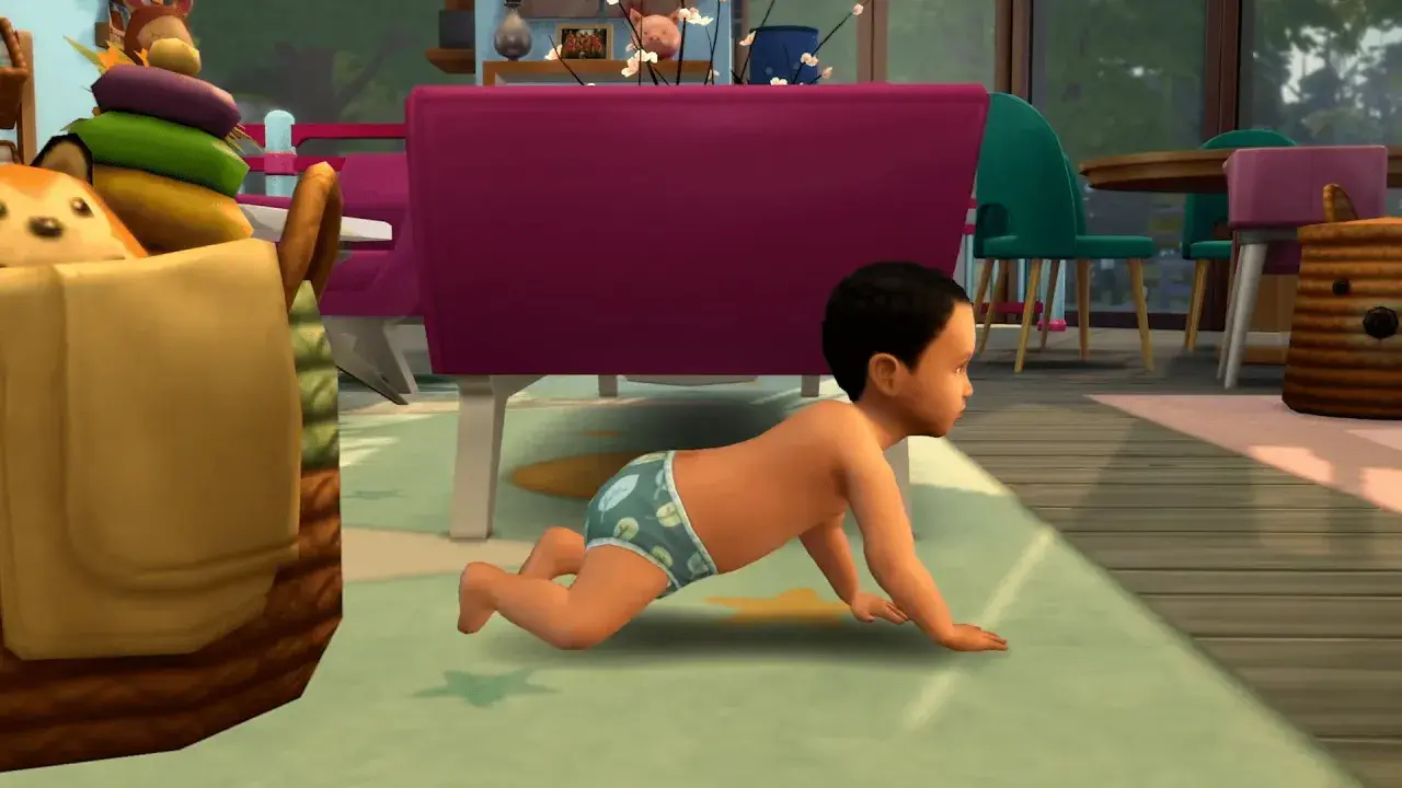Mały Sim w pieluszce z liśćmi raczkuje po dywanie. To urocze mody dla niemowląt The Sims 4.