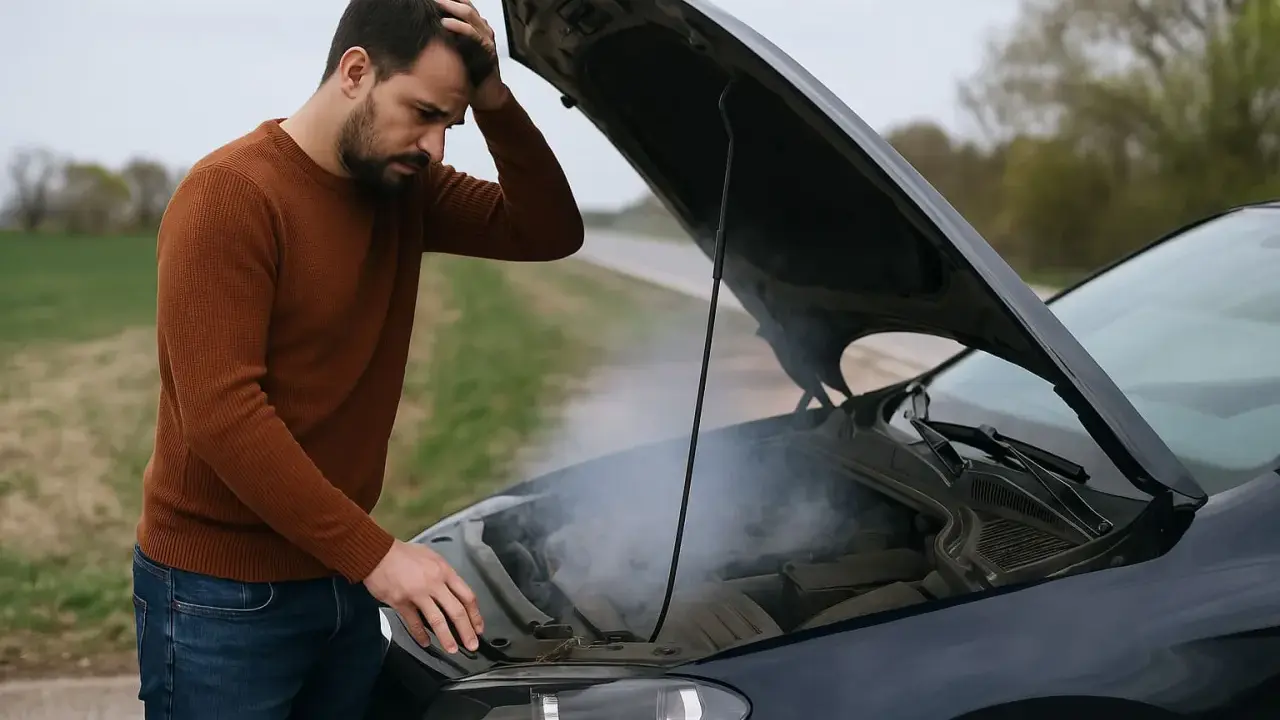 Uomo disperato con cofano aperto, fumo denso e puzza di bruciato macchina. Problema meccanico sul ciglio della strada.