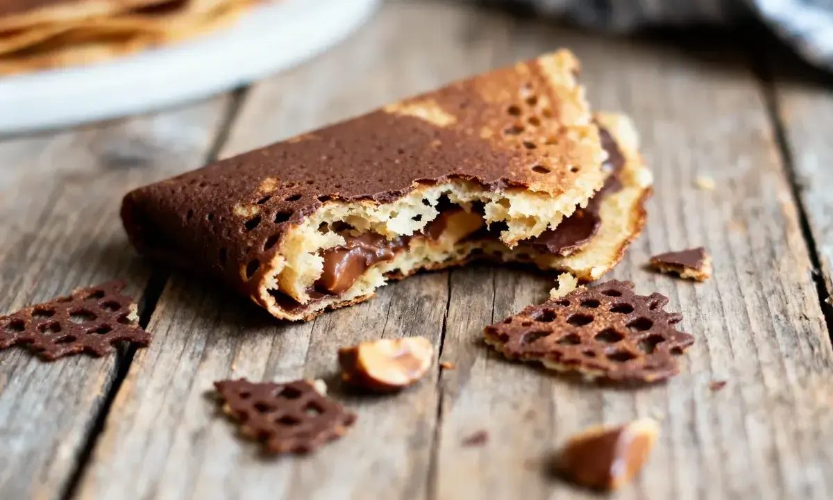 Crêpe dentelle au croustillant praliné, garnie de chocolat et noisettes, sur fond de bois.