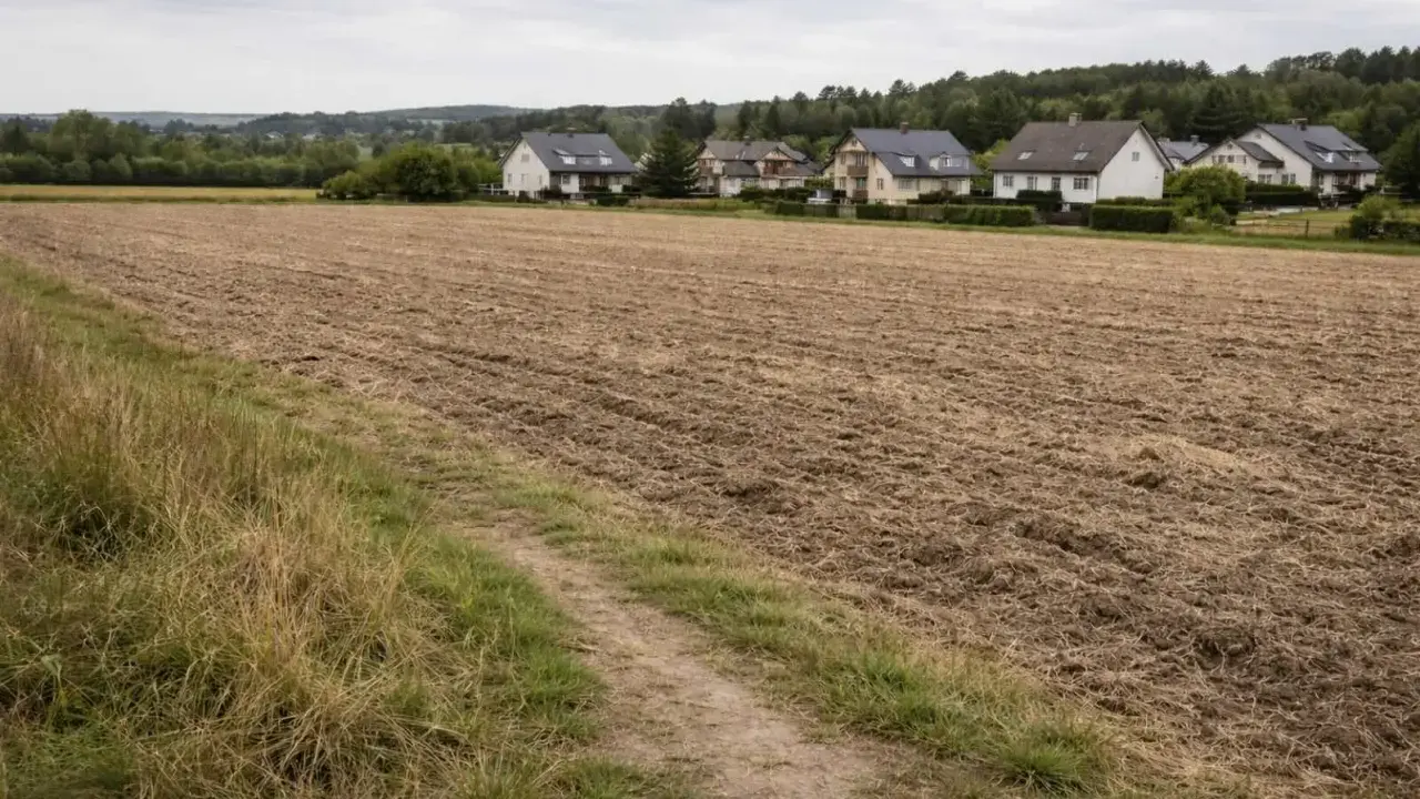 Pola po odrolnieniu działki, gotowe pod budowę domów. W tle widać zabudowania i las.
