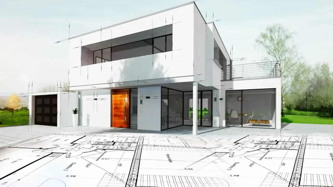 Plan maison etage : une maison moderne en cours de construction, superposée sur des plans architecturaux détaillés.