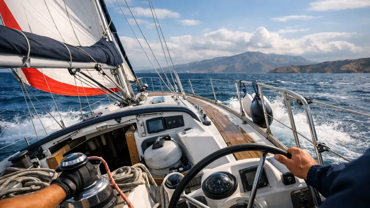 Voile blanche et rouge gonflée par le vent, le barreur guide le voilier. Un aperçu du lexique marin en action.