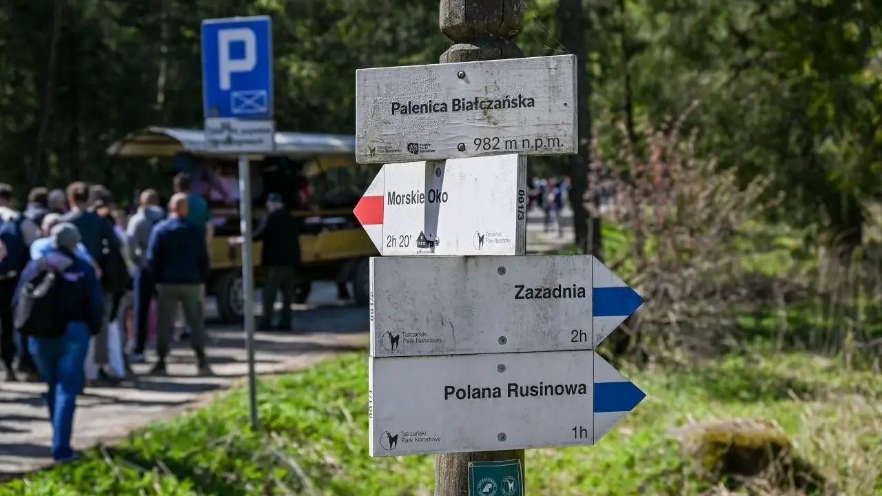 Rozdroże szlaków w górach. Co oznacza żółty szlak w górach? Tutaj widzimy drogowskazy na Palenicę Białczańską, Morskie Oko, Zazadnią i Polanę Rusinową.