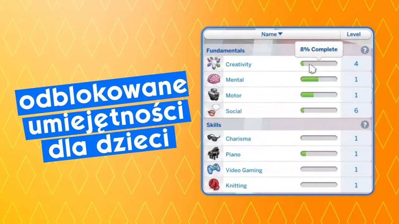 Jak zwiększyć umiejętności Sims 4 u dzieci? Na ekranie widać panel z listą umiejętności, np. Kreatywność, Mentalne, Motoryczne, Społeczne, Charyzma, Gra na pianinie, Gry wideo i Dziewiarstwo.