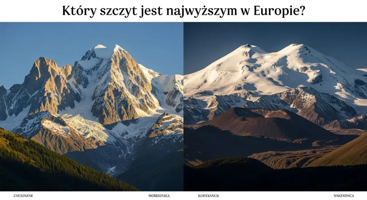 Dwa majestatyczne, ośnieżone szczyty górskie: Mont Blanc i Elbrus.