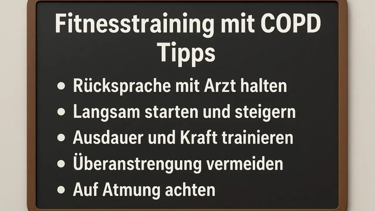 Tipps für COPD-Sport: Arzt konsultieren, langsam starten, Ausdauer & Kraft trainieren, Überanstrengung meiden, auf Atmung achten.