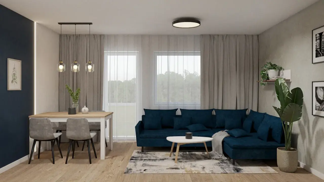 Nowoczesny salon z granatową kanapą i stołem. Dwie lampy wiszące nad stołem i jedna sufitowa tworzą przytulną atmosferę.