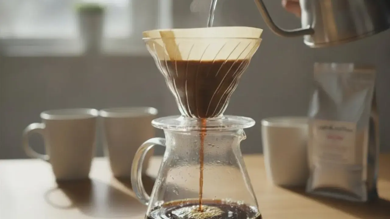 Heißes Wasser fließt langsam durch den Filter, um den perfekten pour over kaffee zuzubereiten. Dampf steigt auf, während der Kaffee in die Kanne tropft.