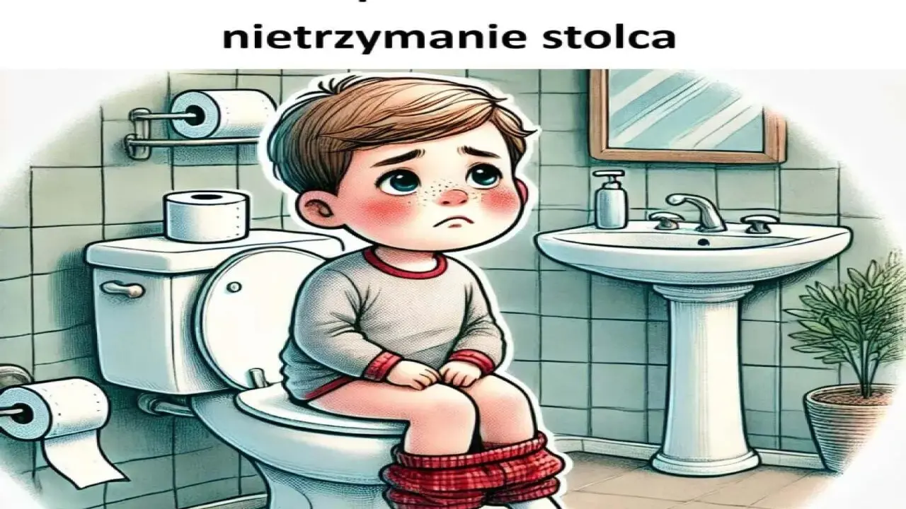 Smutny chłopiec siedzi na toalecie. Obrazek ilustruje problem nietrzymania stolca u dzieci i sugeruje domowe sposoby na jego rozwiązanie.