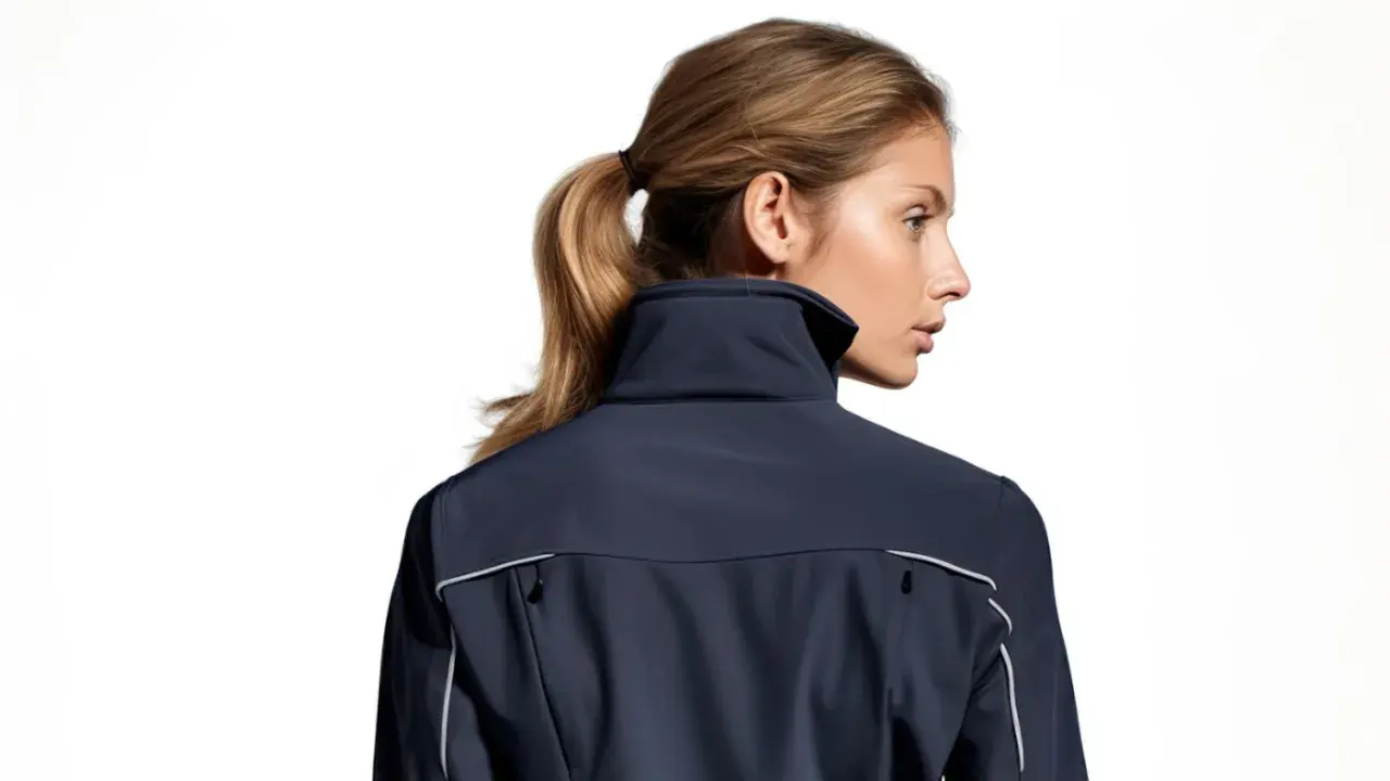 Kobieta w granatowej kurtce softshell. Kurtki softshell co to znaczy? To lekka, oddychająca odzież wierzchnia, idealna na zmienną pogodę.