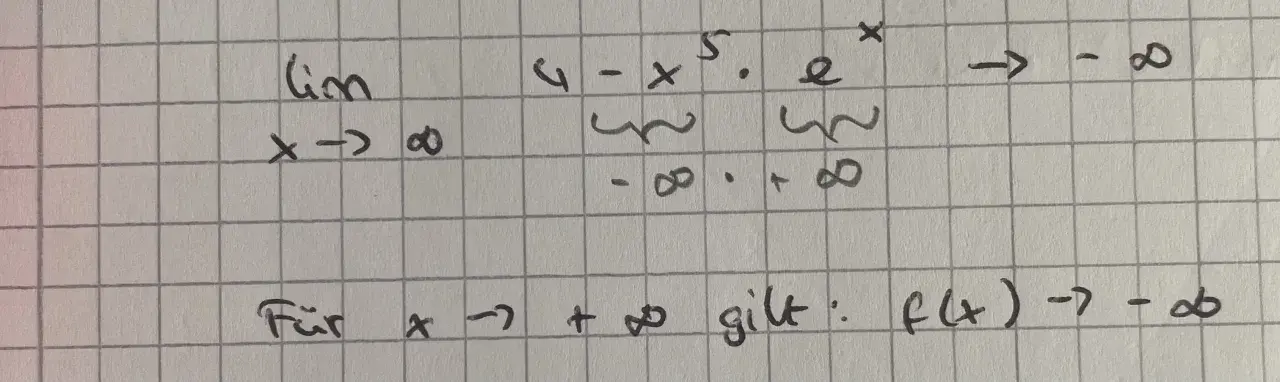 Grenzwertuntersuchung: lim (4-x⁵eˣ) für x→∞ ergibt -∞. Das globale Verhalten der Funktion ist also negativ unendlich.