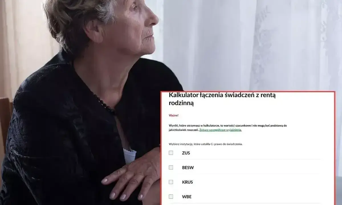 Zamyślona starsza pani analizuje kalkulator renty rodzinnej, zastanawiając się, ile renty po ojcu jej przysługuje.