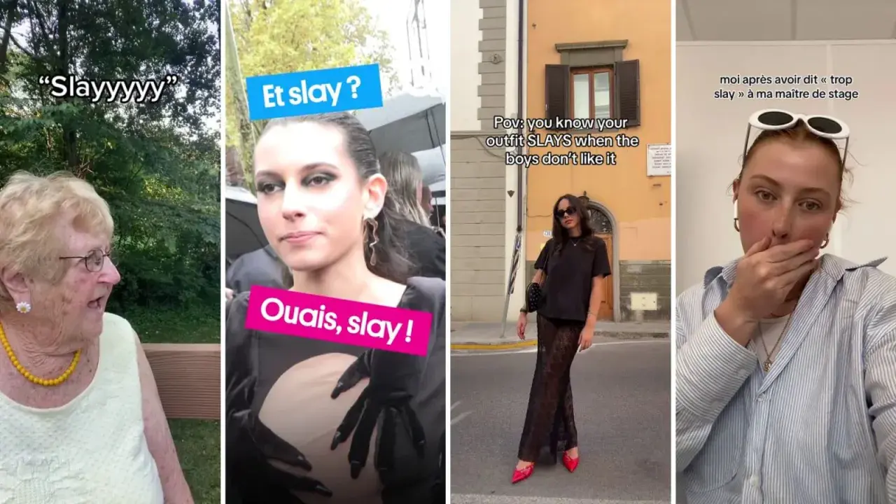 Quatre vignettes montrant des personnes réagissant au mot "slay". Une grand-mère dit "Slayyyyy", une jeune femme dit "Ouais, slay !", une autre dit que son style "slays" quand les garçons n'aiment pas, et une dernière se couvre la bouche après avoir di...