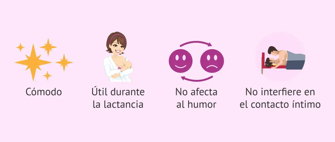 Beneficios de los tipos de DIU hormonales: cómodo, útil en lactancia, no afecta el humor ni el contacto íntimo.
